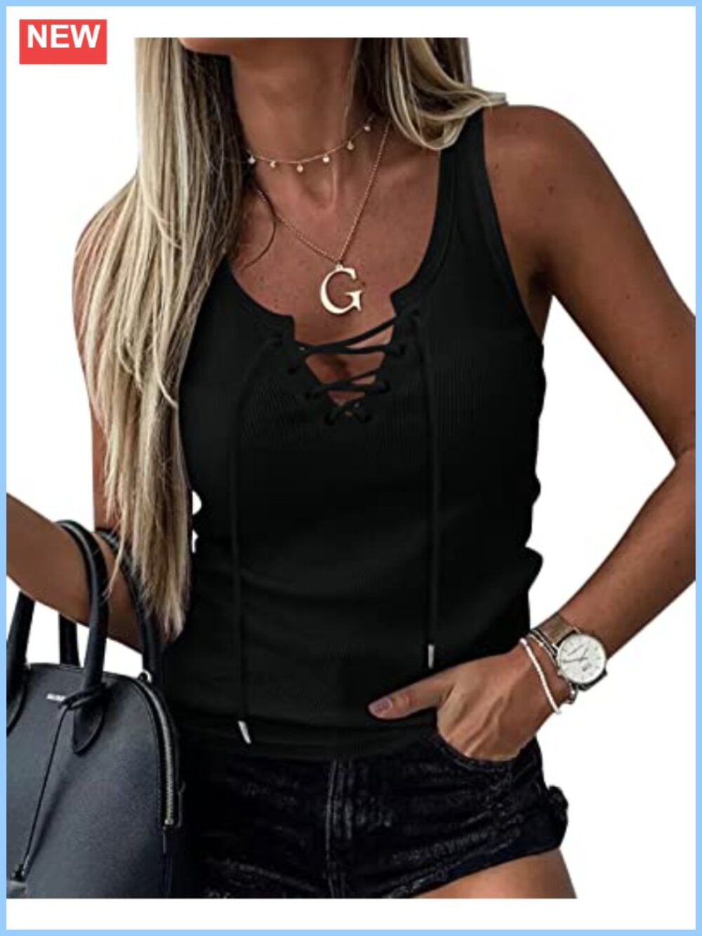 Women's Sleeveless Rib Knit Tank Top with V-Neck Drawstring